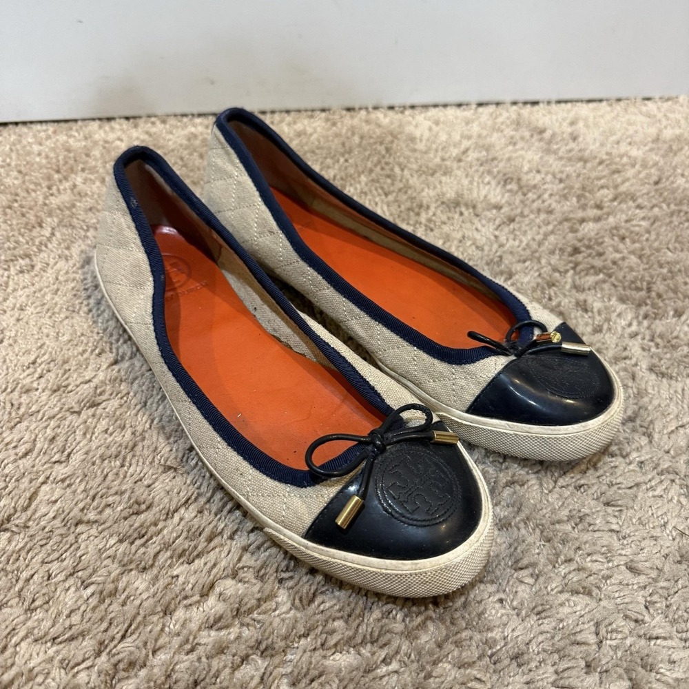 Tory Burch Shoes Womens Size 8 Beige Canvas Ballet Flats Logo Cap Toe Casual